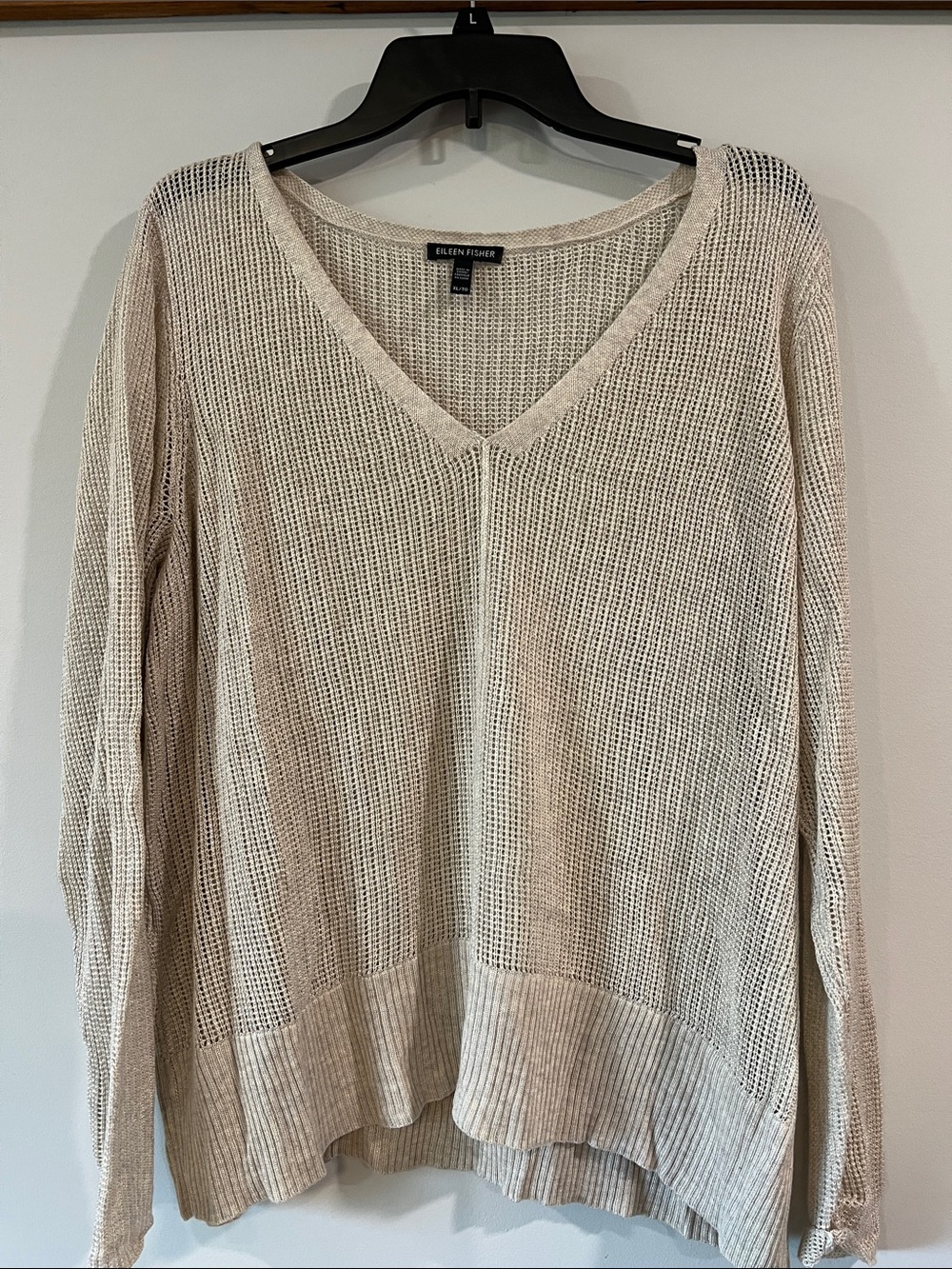 Eileen Fisher - xl, Beige Open-Knit V-Neck Sweater, tencel/wool, boxy, lux